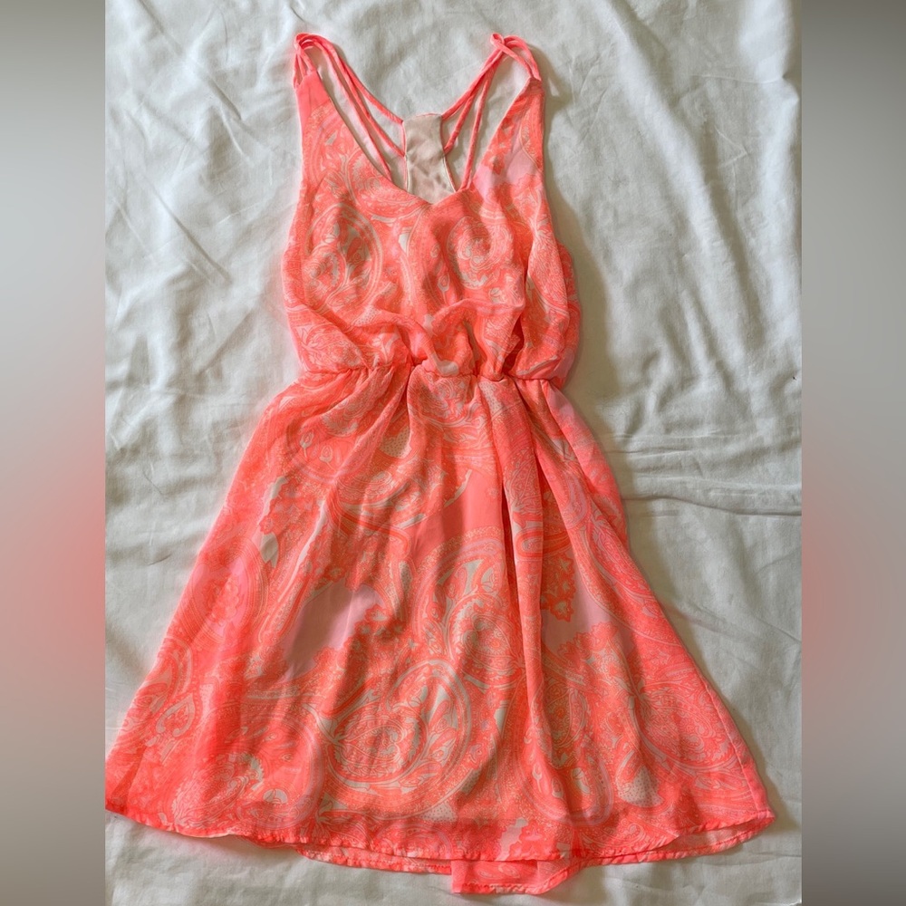 Coral Pink Paisley Mini Dress Womens XS